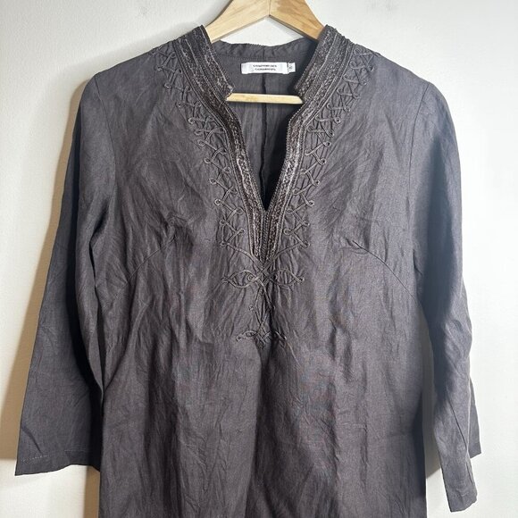 Comptoir Des Cotonniers Brown Linen Tunic Dress EU 40 US 8 Embroidered Boho - Picture 2 of 13